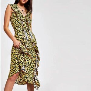 River Island Yellow Floral Ruffled Midi Dress - Backless Crepe De Chine Dress